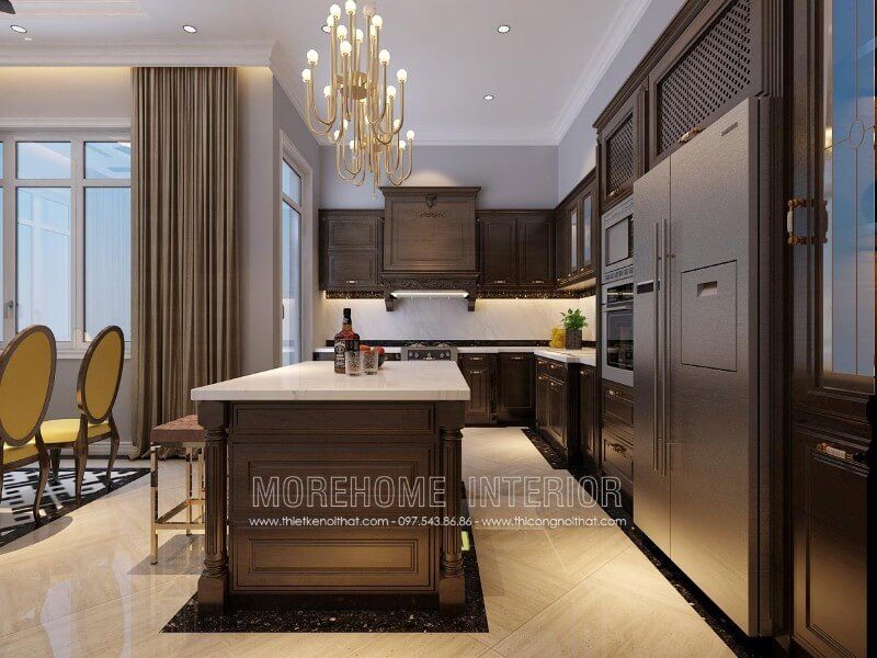 Tủ bếp biệt thự phong cách tân cổ điển mang lại không gian sang trọng, tinh tế, gây ấn tượng khi có khách đến nhà chơi với những lời trầm trồ khen ngợi về gu thẩm mĩ của gia chủ.